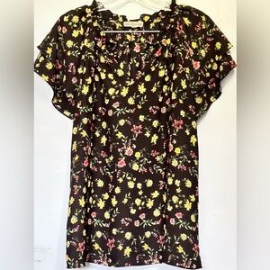 PLEIONE WOMENS FLORAL BLOUSE VNECK S/S BLACK MEDIUM